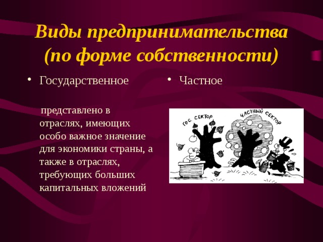 Виды предпринимательства (по форме собственности) Государственное Частное      представлено в отраслях, имеющих особо важное значение для экономики страны, а также в отраслях, требующих больших капитальных вложе­ний 