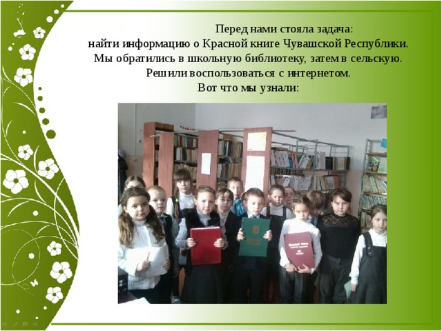 Перед нами стояла задача:  найти информацию о Красной книге Чувашской Республики.  Мы обратились в школьную библиотеку, затем в сельскую.  Решили воспользоваться с интернетом.  Вот что мы узнали: