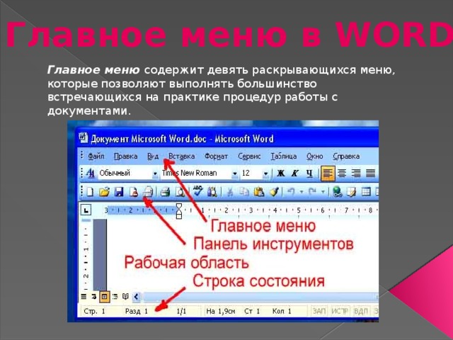 Главное меню в WORD Главное меню  содержит девять раскрывающихся меню, которые позволяют выполнять большинство встречающихся на практике процедур работы с документами. 