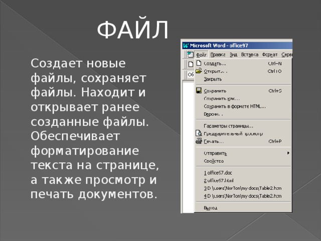 ФАЙЛ Создает новые файлы, сохраняет файлы. Находит и открывает ранее созданные файлы. Обеспечивает форматирование текста на странице, а также просмотр и печать документов. 