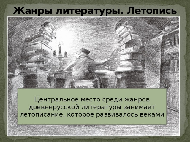 Жанры литературы. Летопись   Центральное место среди жанров древнерусской литературы занимает летописание, которое развивалось веками 