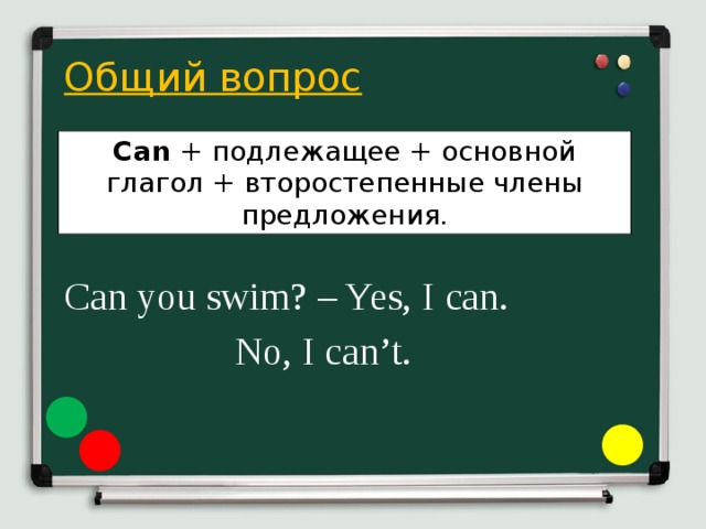  Общий вопрос  Can you swim? – Yes, I can.       No, I can’t. Can + подлежащее + основной глагол + второстепенные члены предложения. 