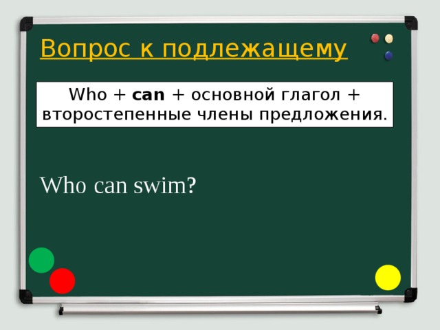  Вопрос к подлежащему  Who can swim? Who + can + основной глагол + второстепенные члены предложения. 