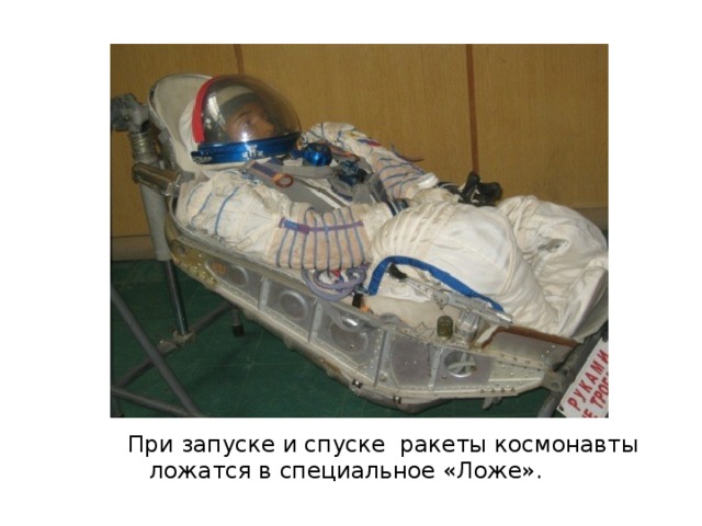 При запуске и спуске ракеты космонавты ложатся в специальное «Ложе». 