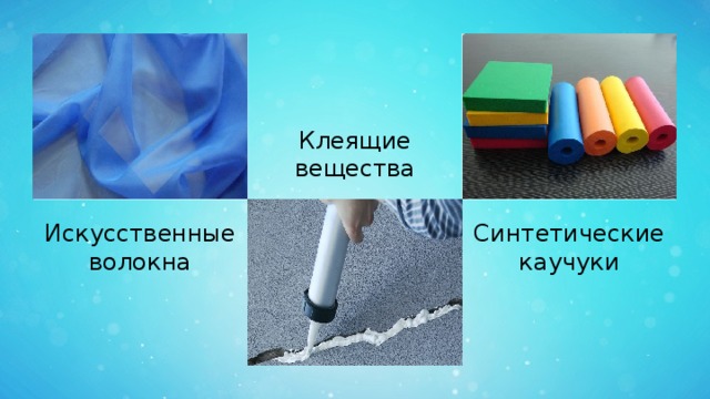 Клеящие вещества Искусственные волокна Синтетические каучуки 