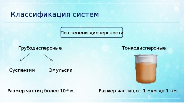 Классификация систем По степени дисперсности Грубодисперсные Тонкодисперсные Суспензии Эмульсии Размер частиц более 10 -6 м. Размер частиц от 1 мкм до 1 нм. 
