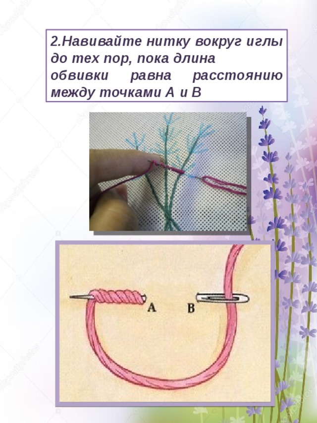 2.Навивайте нитку вокруг иглы до тех пор, пока длина обвивки равна расстоянию между точками А и В 
