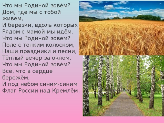 Что мы Родиной зовём?  Дом, где мы с тобой живём,  И берёзки, вдоль которых  Рядом с мамой мы идём. Что мы Родиной зовём?  Поле с тонким колоском,  Наши праздники и песни,  Тёплый вечер за окном. Что мы Родиной зовём?  Всё, что в сердце бережём,  И под небом синим-синим  Флаг России над Кремлём. 