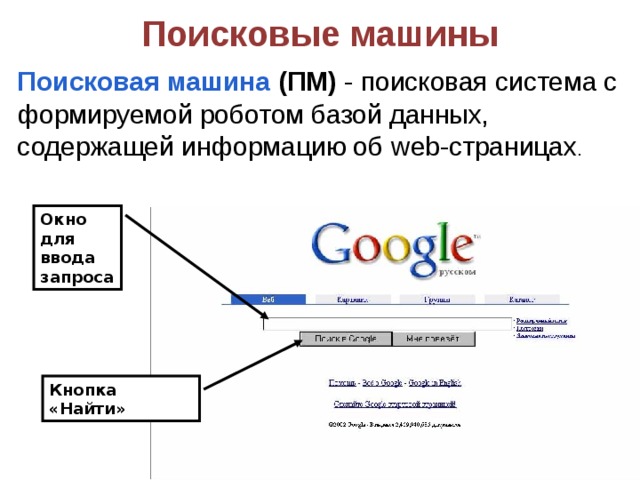 Поисковые машины Поисковая машина (ПМ) - поисковая система с формируемой роботом базой данных, содержащей информацию об web -страницах . Окно для ввода запроса Кнопка «Найти» 