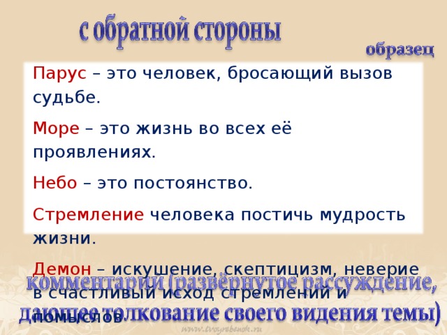 Парус  – это человек, бросающий вызов судьбе. Море  – это жизнь во всех её проявлениях. Небо  – это постоянство. Стремление  человека постичь мудрость жизни. Демон  – искушение, скептицизм, неверие в счастливый исход стремлений и помыслов 
