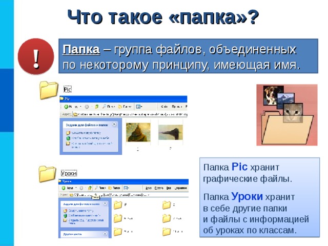 Что такое «папка»? ! Папка  – группа файлов, объединенных  по некоторому принципу, имеющая имя. Папка Pic  хранит графические файлы. Папка Уроки хранит  в себе другие папки  и файлы с информацией об уроках по классам. 