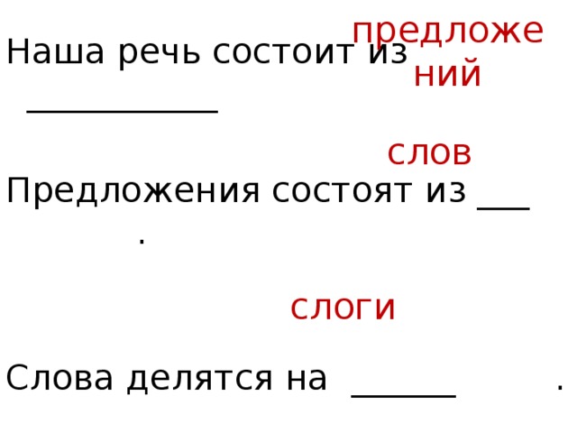предложений Наша речь состоит из ___________ Предложения состоят из ___ . Слова делятся на ______ . слов слоги 