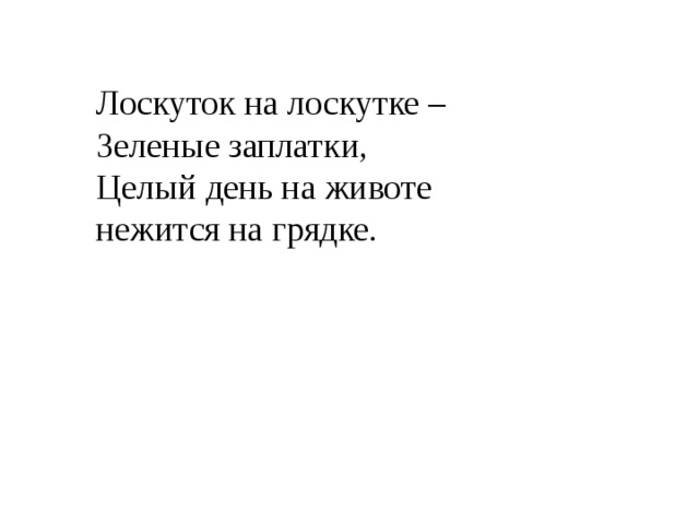 Лоскуток на лоскутке –  Зеленые заплатки,  Целый день на животе  нежится на грядке. 