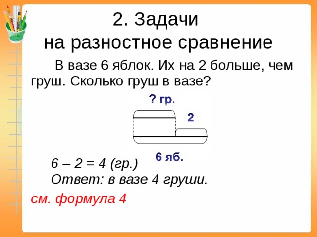 2. Задачи  на разностное сравнение    В вазе 6 яблок. Их на 2 больше, чем груш. Сколько груш в вазе?      6 – 2 = 4 (гр.)   Ответ: в вазе 4 груши.  см. формула 4 