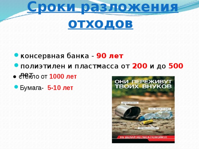 Сроки разложения отходов   консервная банка - 90 лет  полиэтилен и пластмасса от  200  и до 500 лет  ● стекло от 1000 лет Бумага- 5-10 лет 