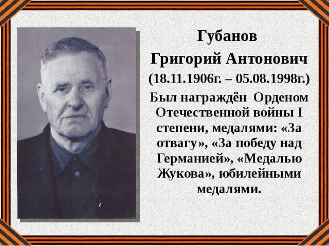 Губанов Григорий Антонович (18.11.1906г. – 05.08.1998г.) Был награждён Орденом Отечественной войны I степени, медалями: «За отвагу», «За победу над Германией», «Медалью Жукова», юбилейными медалями. 