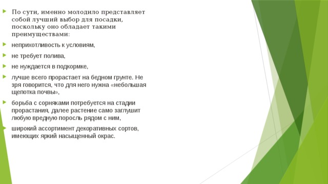 По сути, именно молодило представляет собой лучший выбор для посадки, поскольку оно обладает такими преимуществами: неприхотливость к условиям, не требует полива, не нуждается в подкормке, лучше всего прорастает на бедном грунте. Не зря говорится, что для него нужна «небольшая щепотка почвы», борьба с сорняками потребуется на стадии прорастания, далее растение само заглушит любую вредную поросль рядом с ним, широкий ассортимент декоративных сортов, имеющих яркий насыщенный окрас.  