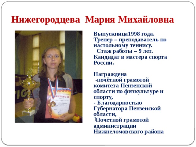 Нижегородцева Мария Михайловна Выпускница1998 года. Тренер – преподаватель по настольному теннису.  Стаж работы – 9 лет. Кандидат в мастера спорта России.  Награждена  -почётной грамотой комитета Пензенской области по физкультуре и спорту, - Благодарностью Губернатора Пензенской области, Почетной грамотой администрации Нижнеломовского района   