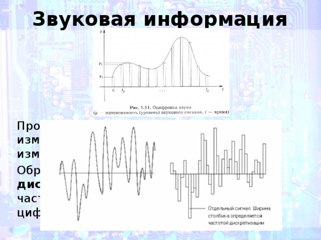 Звуковая информация Промежуток времени между двумя измерениями называется периодом измерений —  τ  с. Обратная величина называется  частотой дискретизации  — 1/ τ  (герц). Чем выше частота измерений, тем выше качество цифрового звука. 