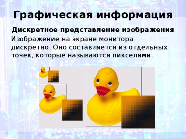 Графическая информация Дискретное представление изображения Изображение на экране монитора дискретно. Оно составляется из отдельных точек, которые называются пикселями. 