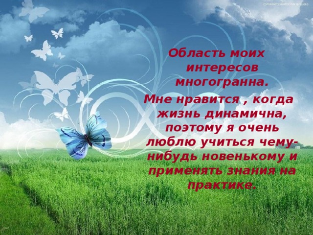 Область моих интересов многогранна.  Мне нравится , когда жизнь динамична, поэтому я очень люблю учиться чему-нибудь новенькому и применять знания на практике. 
