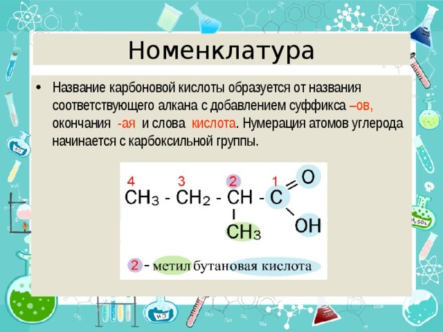Номенклатура Название карбоновой кислоты образуется от названия соответствующего алкана с добавлением суффикса –ов, окончания -ая и слова кислота . Нумерация атомов углерода начинается с карбоксильной группы. 