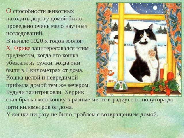 О способности животных находить дорогу домой было проведено очень мало научных исследований. В начале 1920-х годов зоолог Х. Фрике заинтересовался этим предметом, когда его кошка убежала из сумки, когда они были в 8 километрах от дома. Кошка целой и невредимой прибыла домой тем же вечером. Будучи заинтригован, Херрик стал брать свою кошку в разные месте в радиусе от полутора до пяти километров от дома. У кошки ни разу не было проблем с возвращением домой. 