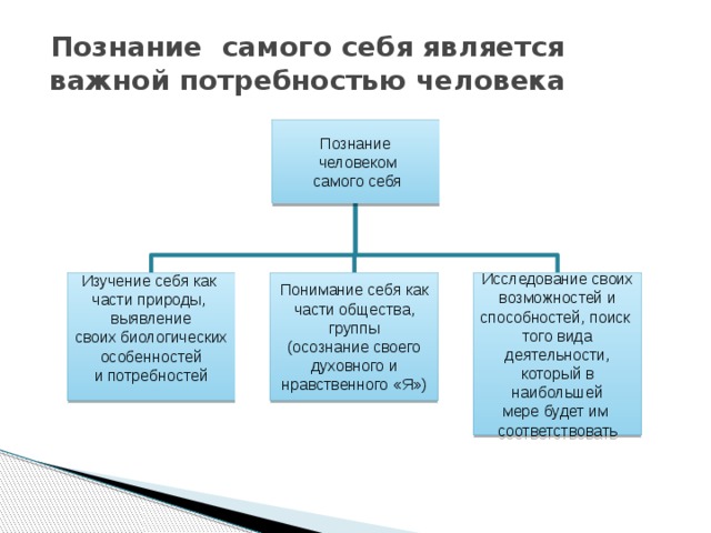 Познание самого себя является важной потребностью человека Познание  человеком  самого себя Изучение себя как Исследование своих Понимание себя как части общества, группы  возможностей и части природы, способностей, поиск (осознание своего выявление того вида деятельности,  своих биологических  духовного и который в наибольшей нравственного «Я») особенностей мере будет им и потребностей соответствовать 