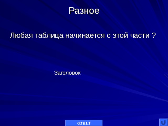 Разное   Любая таблица начинается с этой части ? Заголовок ОТВЕТ