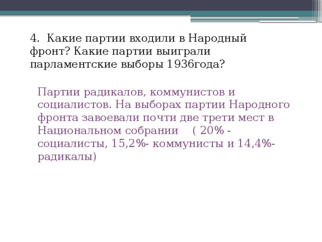 4. Какие партии входили в Народный фронт? Какие партии выиграли парламентские выборы 1936года? Партии радикалов, коммунистов и социалистов. На выборах партии Народного фронта завоевали почти две трети мест в Национальном собрании ( 20% - социалисты, 15,2%- коммунисты и 14,4%- радикалы) 
