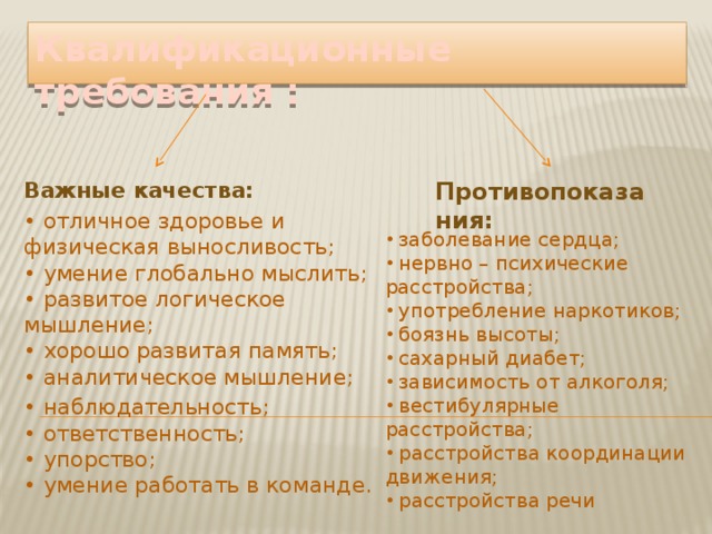 Квалификационные требования : Важные качества: • отличное здоровье и физическая выносливость;  • умение глобально мыслить;  • развитое логическое мышление;  • хорошо развитая память;  • аналитическое мышление; • наблюдательность;  • ответственность;  • упорство;  • умение работать в команде. Противопоказания:  заболевание сердца;  нервно – психические расстройства;  употребление наркотиков;  боязнь высоты;  сахарный диабет;  зависимость от алкоголя;  вестибулярные расстройства;  расстройства координации движения;  расстройства речи 
