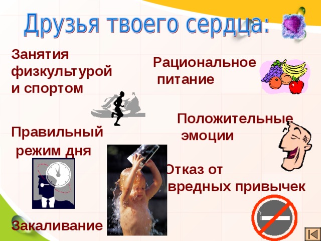 Занятия физкультурой и спортом Рациональное  питание Положительные  эмоции Правильный  режим дня Отказ от  вредных привычек Закаливание 