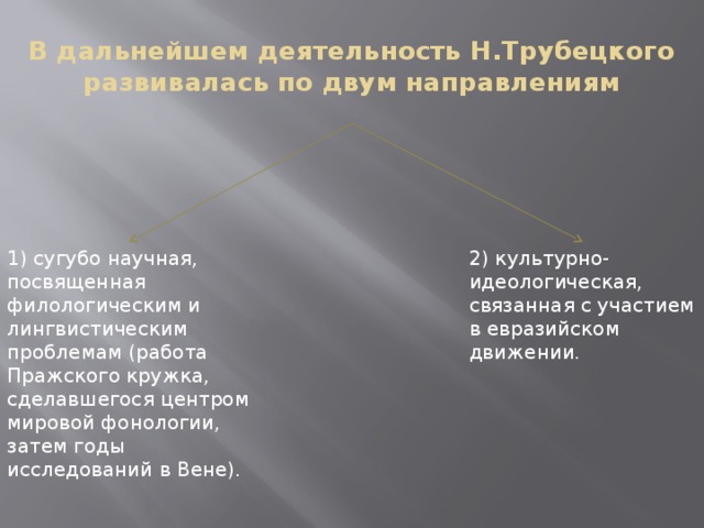 В дальнейшем деятельность Н.Трубецкого развивалась по двум направлениям 1) сугубо научная, посвященная филологическим и лингвистическим проблемам (работа Пражского кружка, сделавшегося центром мировой фонологии, затем годы исследований в Вене). 2) культурно-идеологическая, связанная с участием в евразийском движении. 
