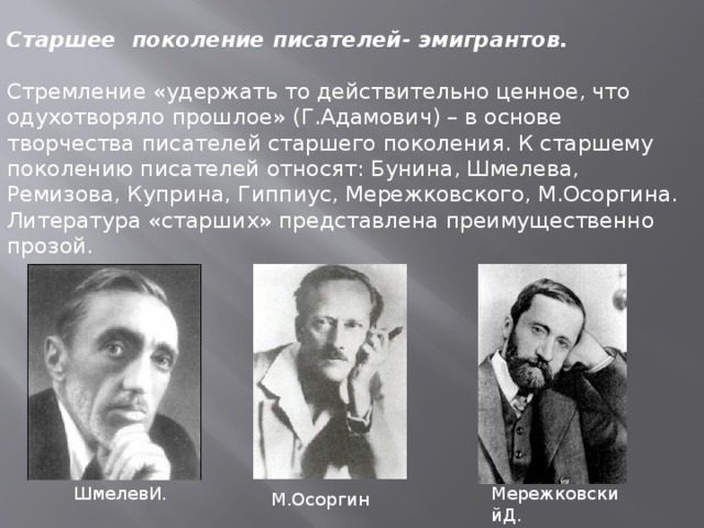 Старшее поколение писателей- эмигрантов. Стремление «удержать то действительно ценное, что одухотворяло прошлое» (Г.Адамович) – в основе творчества писателей старшего поколения. К старшему поколению писателей относят: Бунина, Шмелева, Ремизова, Куприна, Гиппиус, Мережковского, М.Осоргина. Литература «старших» представлена преимущественно прозой. ШмелевИ. МережковскийД. М.Осоргин 