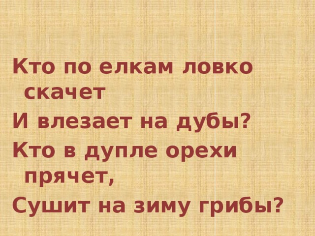  Кто по елкам ловко скачет И влезает на дубы? Кто в дупле орехи прячет, Сушит на зиму грибы? 