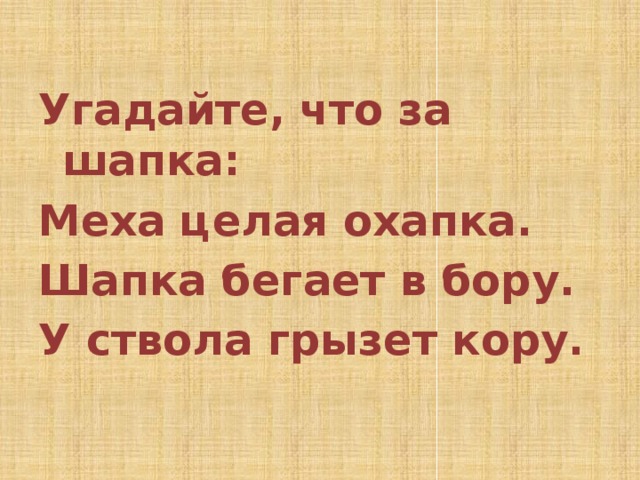  Угадайте, что за шапка: Меха целая охапка. Шапка бегает в бору. У ствола грызет кору. 
