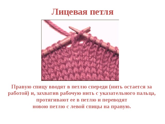 Лицевая петля Правую спицу вводят в петлю спереди (нить остается за  работой) и, захватив рабочую нить с указательного пальца, протягивают ее в петлю и переводят новою петлю с левой спицы на правую. 