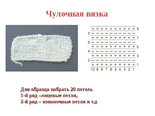 Чулочная вязка Для образца набрать 20 петель 1-й ряд –лицевые петли, 2-й ряд – изнаночные петли и т.д 