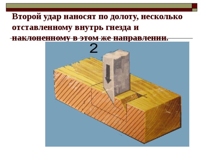 Второй удар наносят по долоту, несколько отставленному внутрь гнезда и наклоненному в этом же направлении. 