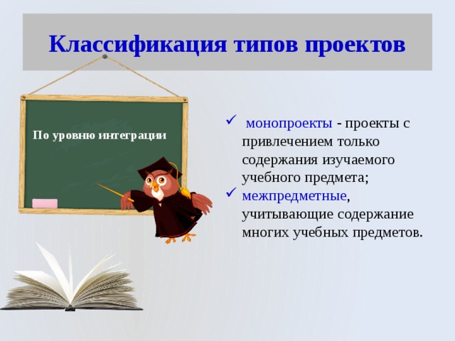 Классификация типов проектов  монопроекты - проекты с привлечением только содержания изучаемого учебного предмета; межпредметные , учитывающие содержание многих учебных предметов. По уровню интеграции 