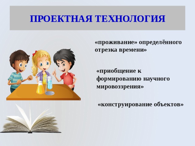 ПРОЕКТНАЯ ТЕХНОЛОГИЯ «проживание» определённого отрезка времени» «приобщение к формированию научного мировоззрения» «конструирование объектов» 