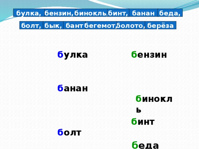 булка, банан беда, бинт, бинокль, бензин, бегемот, болото, бык, болт, бант берёза  б ензин  б инокль б улка  б анан     б инт  б еда  б олт   б егемот б ык  б ерёза б ант  б олото 