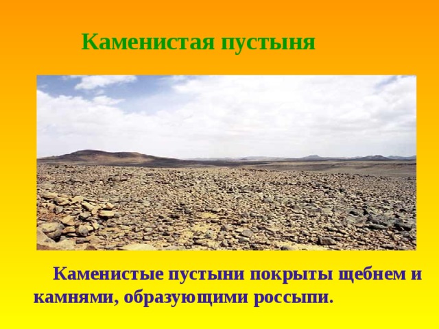  Каменистая пустыня   Каменистые пустыни покрыты щебнем и камнями , образующими россыпи .  