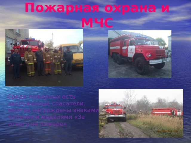 Пожарная охрана и МЧС  Среди пожарных есть заслуженные спасатели, многие награждены знаками отличия и медалями «За отвагу на пожаре» 