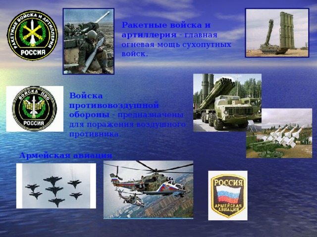 Ракетные войска и артиллерия  - главная огневая мощь сухопутных войск. Войска противовоздушной обороны  - предназначены для поражения воздушного противника. Армейская авиация   