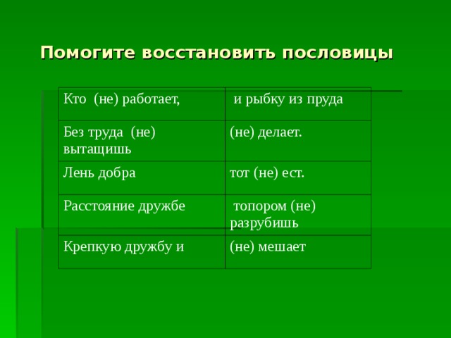  Помогите восстановить пословицы  Кто (не) работает,  и рыбку из пруда Без труда (не) вытащишь (не) делает. Лень добра тот (не) ест. Расстояние дружбе  топором (не) разрубишь Крепкую дружбу и (не) мешает 
