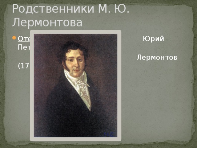 Родственники М. Ю. Лермонтова Отец Юрий Петрович  Лермонтов (1787—1831) 