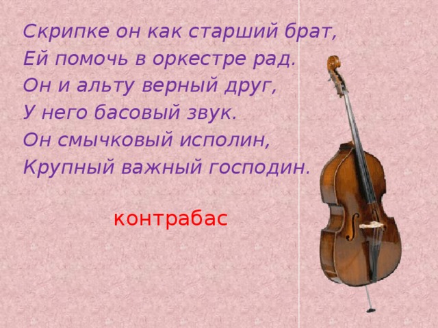 Скрипке он как старший брат, Ей помочь в оркестре рад. Он и альту верный друг, У него басовый звук. Он смычковый исполин, Крупный важный господин.  контрабас   