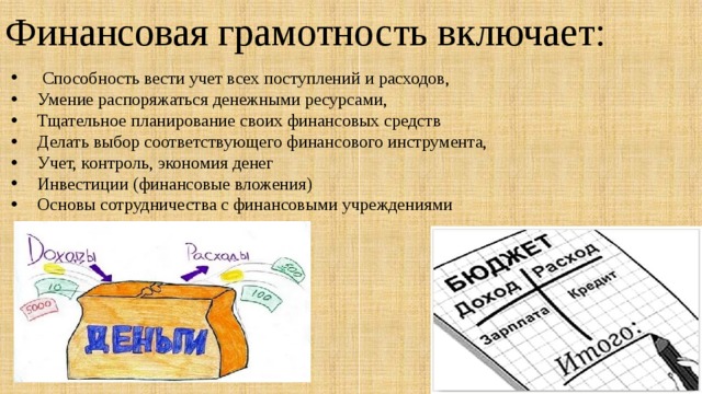 Финансовая грамотность включает:  Способность вести учет всех поступлений и расходов, Умение распоряжаться денежными ресурсами, Тщательное планирование своих финансовых средств Делать выбор соответствующего финансового инструмента, Учет, контроль, экономия денег Инвестиции (финансовые вложения) Основы сотрудничества с финансовыми учреждениями 