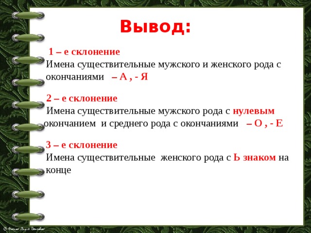 Вывод:  1 – е склонение Имена существительные мужского и женского рода с окончаниями – А , - Я  2 – е склонение  Имена существительные мужского рода с нулевым окончанием и среднего рода с окончаниями – О , - Е 3 – е склонение Имена существительные женского рода с Ь знаком на конце  